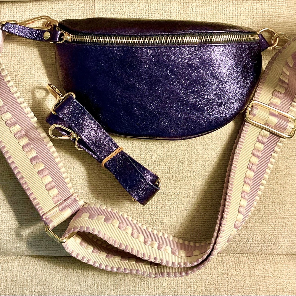 TOURANCE Metallic Purple Leather Crossbody Belt Bag with 2 Adjustable Straps